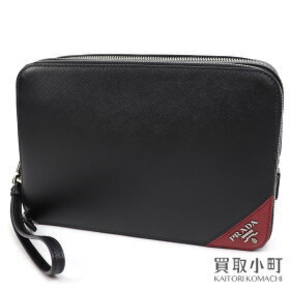 PRADA Saffiano Leather Shoulder Bag Metal Logo Wristlet Clutch Travel Organizer